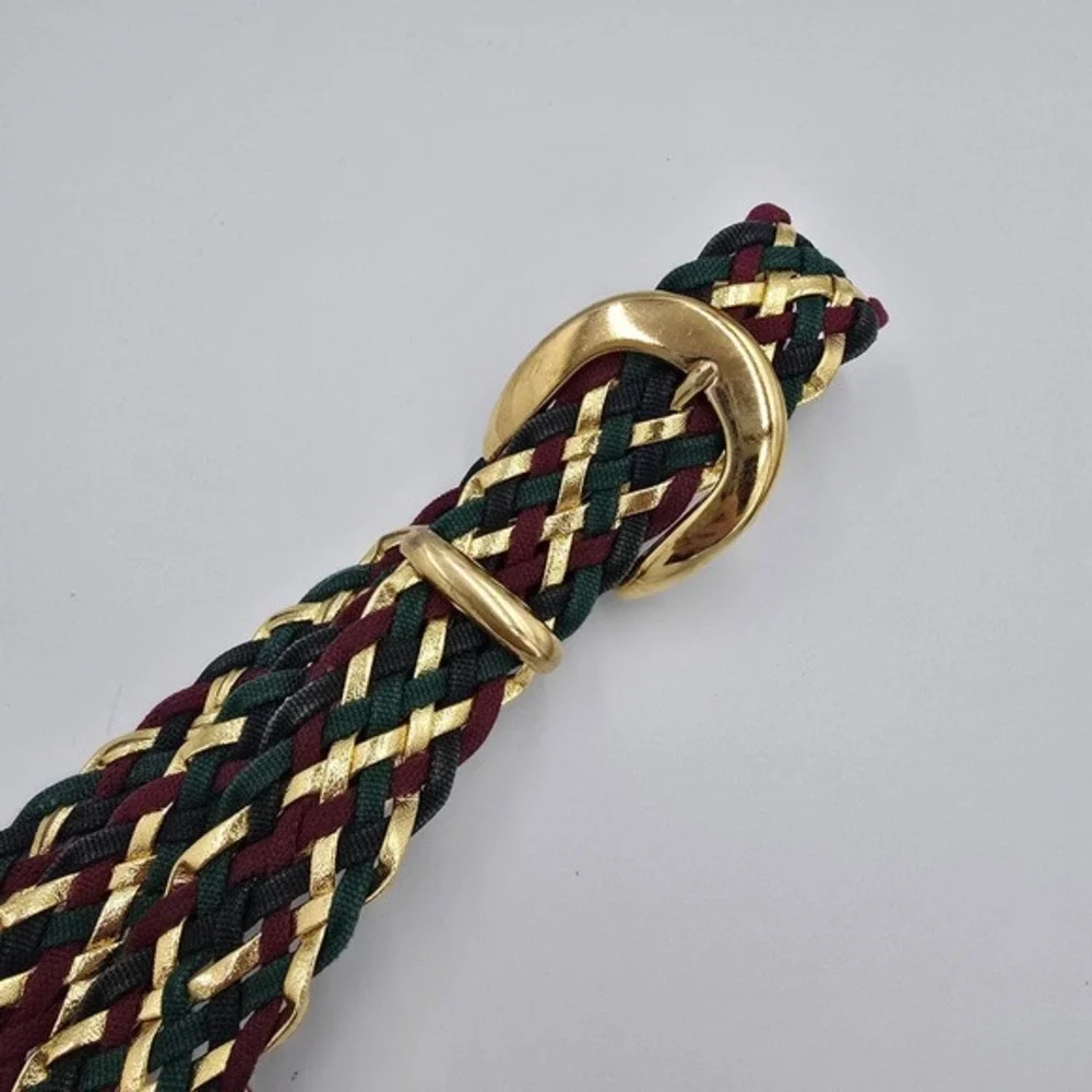 Womens Braided Belt Gold‎ Accent Green Burgundy Waist Belt Fashion Accessory